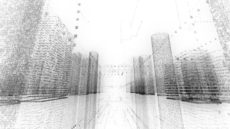 Mot animé de bâtiment d'animation du wireframe 3d de ville d'affaires de câble lumineux binaire d'architecture dans l'uhd 4k 3840 illustration de vecteur