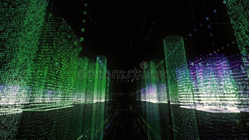 Mot animé de bâtiment d'animation du wireframe 3d de ville d'affaires de Digital de câble lumineux binaire d'architecture dans l' illustration stock