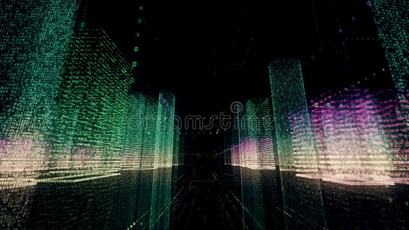 Mot animé de bâtiment d'animation du wireframe 3d de ville d'affaires de Digital de câble lumineux binaire d'architecture dans l' illustration stock
