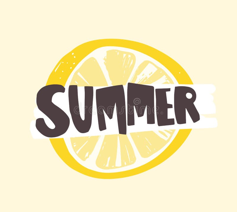 Mot d'été écrit avec la police calligraphique géniale sur la tranche de citron ou d'agrume Composition créative en été avec tropi illustration de vecteur