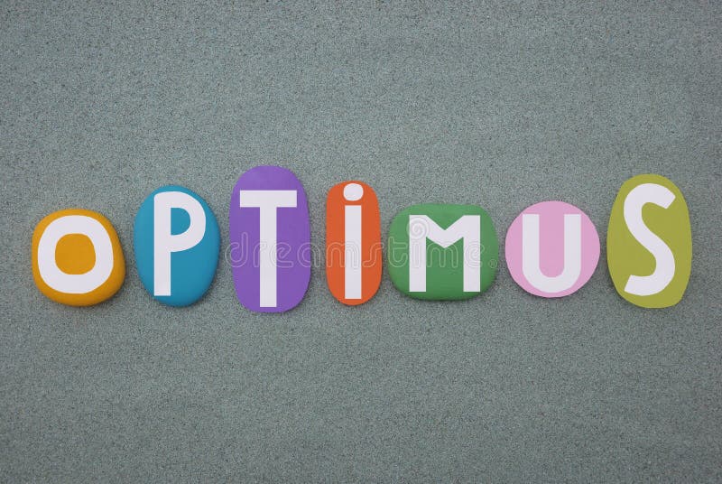 Mot latin Optimus signifiant mieux ou très bon texte créatif composé de lettres de pierre multicolore sur sable vert illustration de vecteur