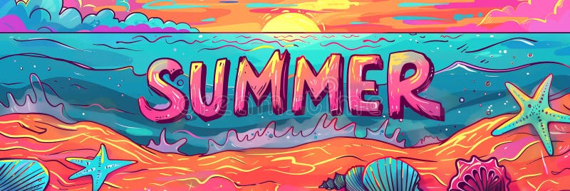 Word &#x27;SUMMER&#x27; with beach scene, starfish, and shells banner. Panoramic web header. Wide screen wallpaper. AI generated. Word &#x27;SUMMER&#x27; with beach scene, starfish, and shells banner. Panoramic web header. Wide screen wallpaper. AI generated