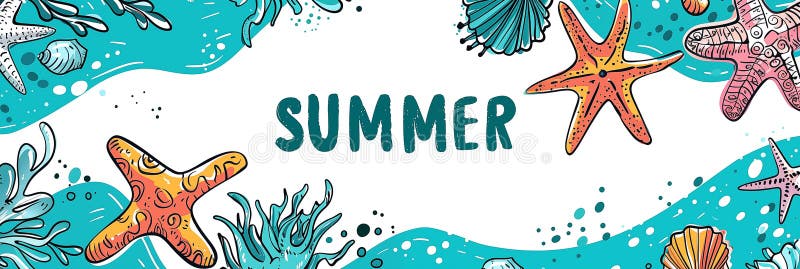 Word &#x27;SUMMER&#x27; with starfish, fish, shell, seaweed, and bubble. Colorful illustration background banner. Panoramic web header. Wide screen wallpaper. AI generated. Word &#x27;SUMMER&#x27; with starfish, fish, shell, seaweed, and bubble. Colorful illustration background banner. Panoramic web header. Wide screen wallpaper. AI generated