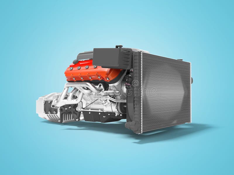 Moteur de voiture avec la transmission de gril de radiateur avec les filtres à air 3d rendre sur le fond bleu avec l'ombre illustration stock Moteur de voiture avec la transmission de gril de radiateur avec les filtres à air 3d rendre sur le fond bleu avec l'ombre illustration stock