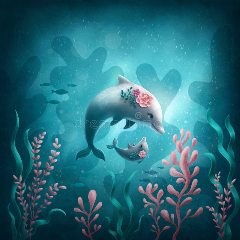 Mother and Baby Dolphin stock illustration. Illustration of child -  246290514