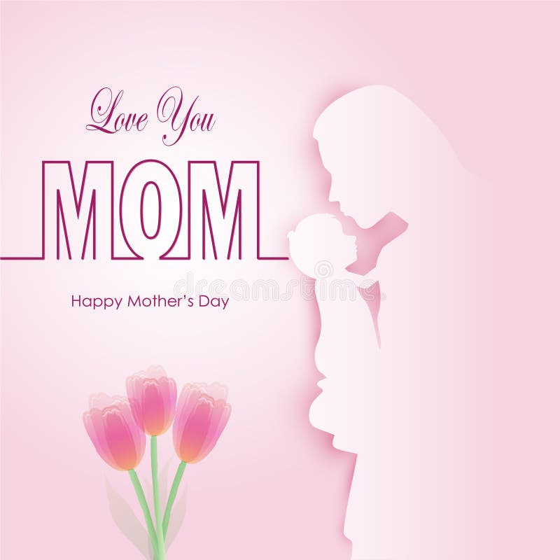 Mother and baby with Happy Mother`s day text on pink Paper art b
