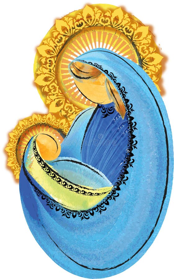 Mother and child, blessed virgin mary with baby jesus holy family Christmas nativity simple abstract illustration