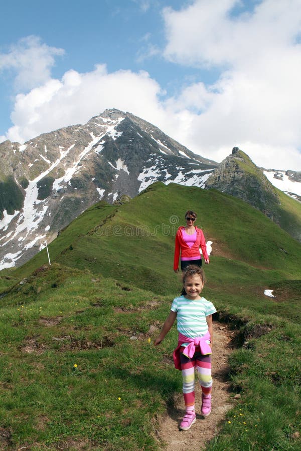 Mother and child family hiking