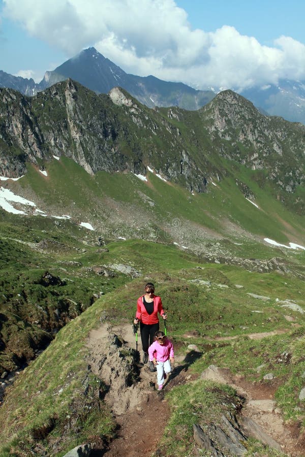 Mother and child family hiking