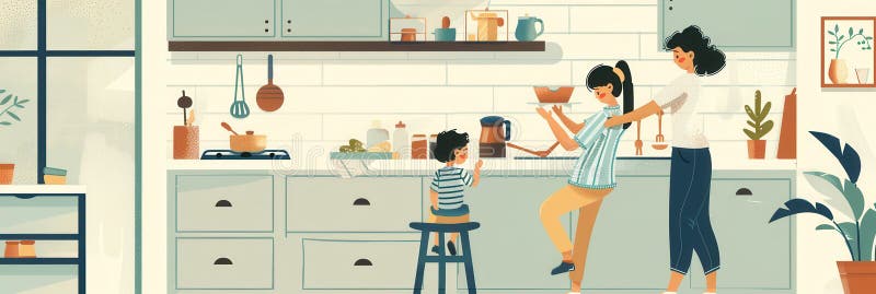 A mother and child are in a modern kitchen preparing a meal. The child is sitting on a stool while the mother is stock photography