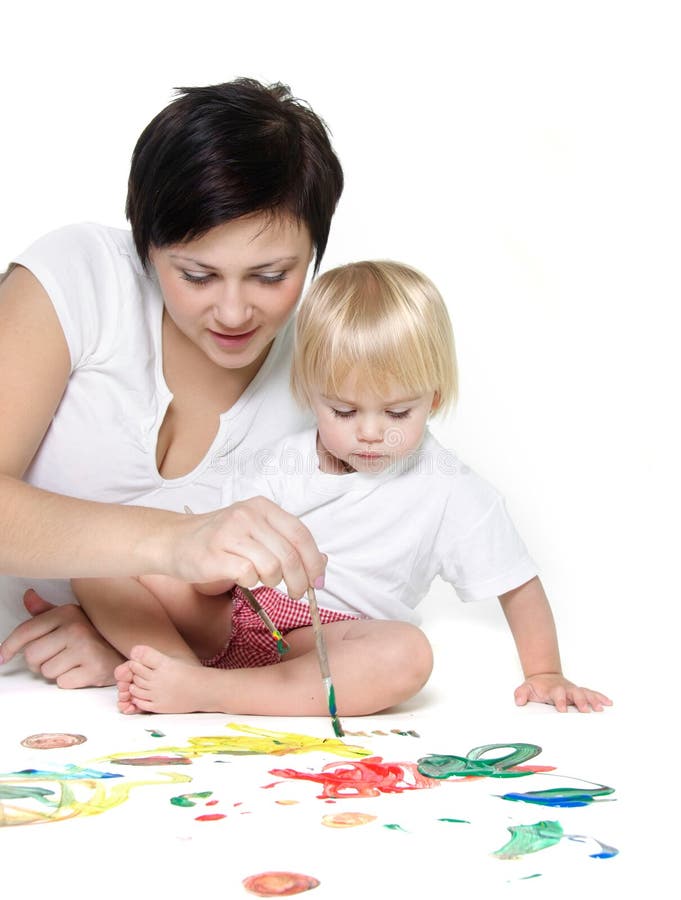 Mother and child painting over white