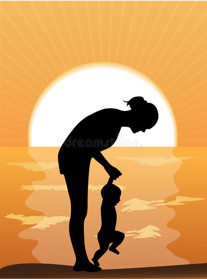 Mother and child at sunset stock vector. Illustration of happiness