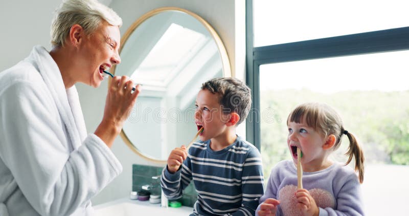 Mom Children And Bathroom With Teaching Brushing Teeth And Check For mom-children-and-bathroom-with-teaching-brushing-teeth-and-check-for