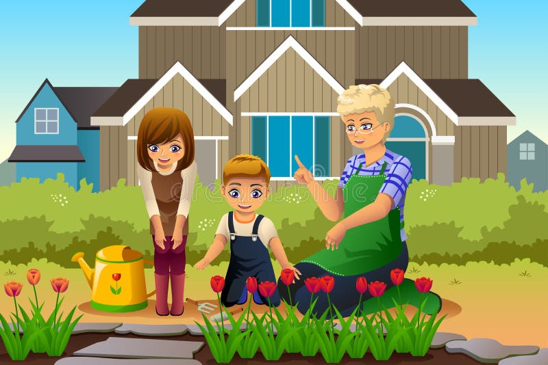 Mother and Children Gardening during Spring Season vector illustration