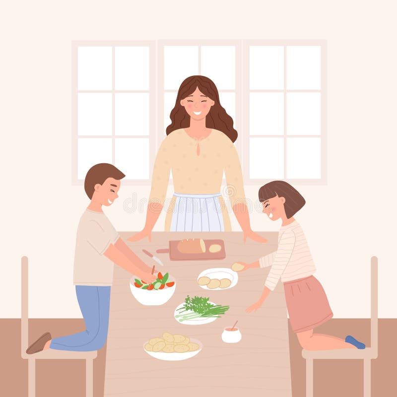 Mother and children at the kitchen table and have a good time together. A woman, a son and a daughter prepare dinner and