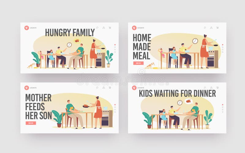 Mother Cook for Hungry Family Landing Page Template Set. Father and Kids Sitting Around Table Waiting Food. People Eating Meal Together, Cheerful Characters During Lunch. Cartoon Vector Illustration