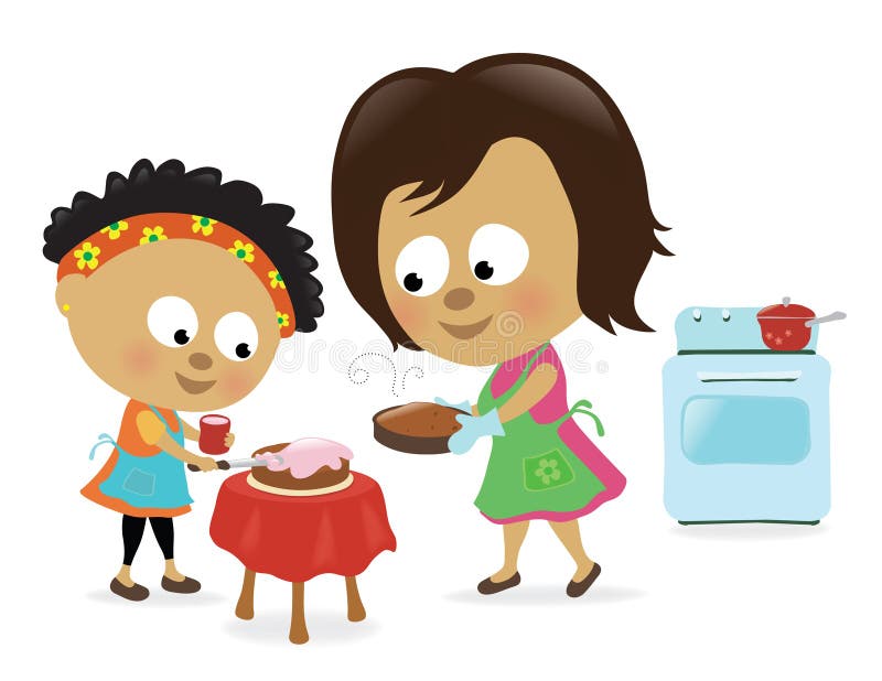 Illustration of a mother and daughter baking a cake. Frosting spatula vectors