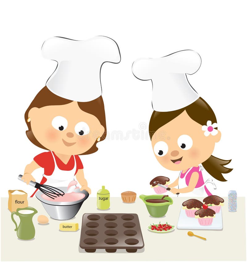 Illustration of a mother and daughter in the kitchen. Frosting spatula vectors