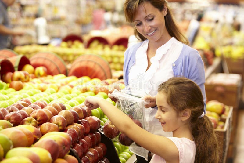 Mother and Daughter Buying Fruit in Supermarket Stock Image Image of