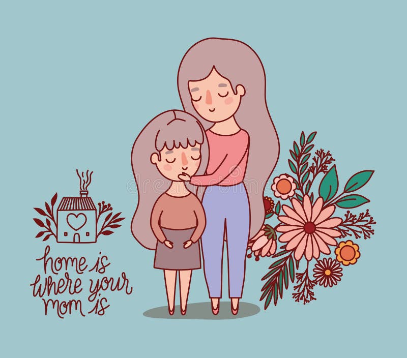 Mother and Daughter Cartoon with Flowers and Leaves Vector Design Stock  Vector - Illustration of mothers, holidays: 176323753
