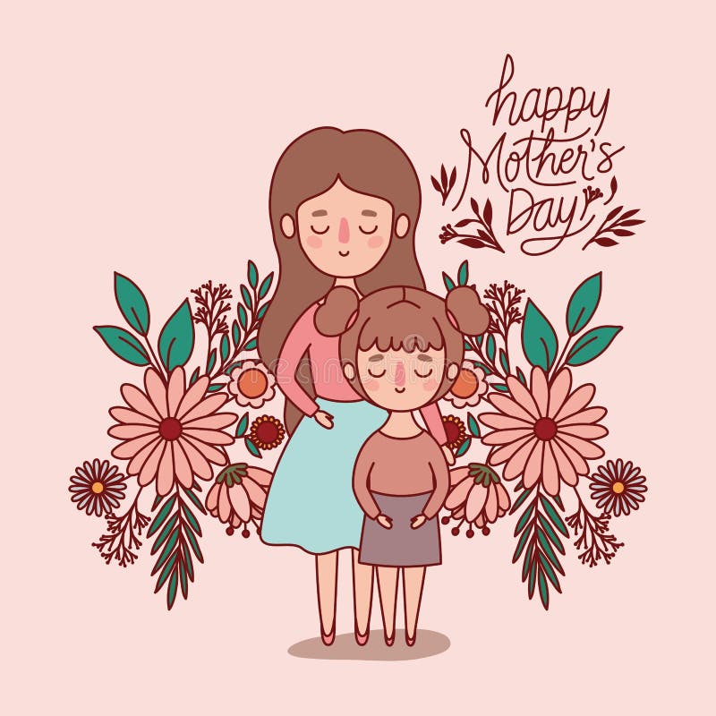 Mother and Daughter Cartoon with Flowers and Leaves Vector Design Stock  Vector - Illustration of mother, quality: 176324876