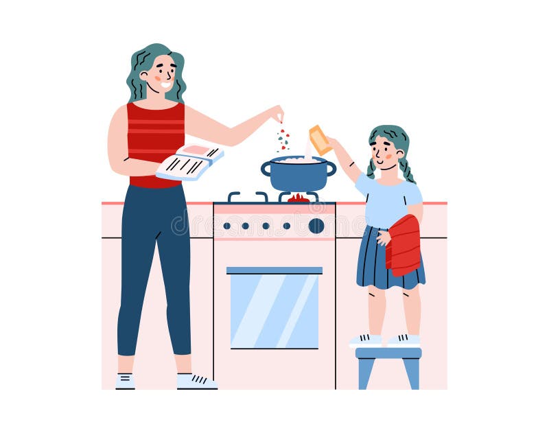 Mother And Daughter Cooking In Kitchen Cartoon Vector Illustration Isolated Stock Vector 