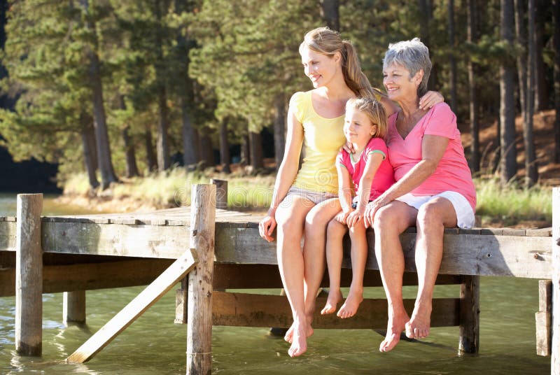 Madre, figlia e nonna seduta sul lago sorridente, macchina fotografica.