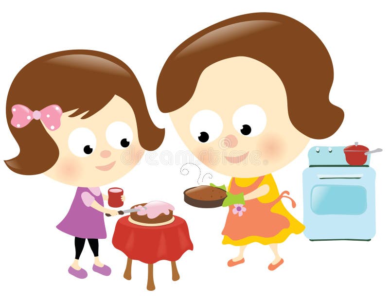Mother and daughter baking and frosting a cake. Frosting spatula vectors