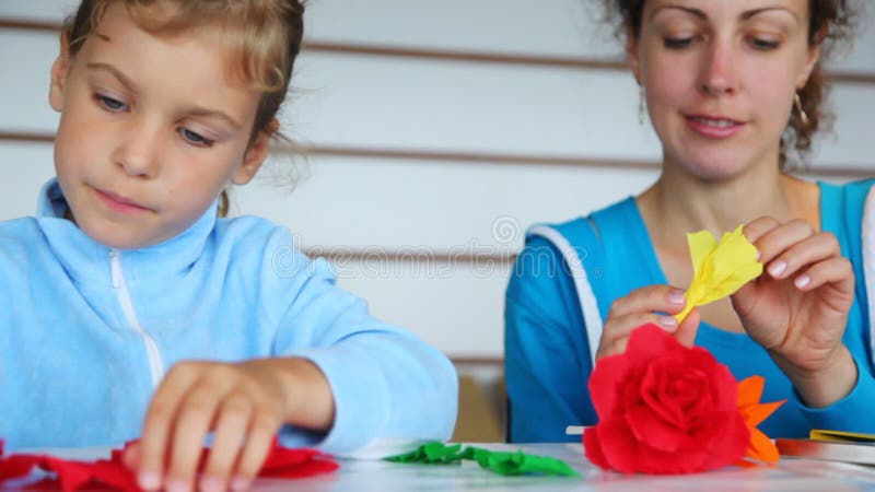 Mother with Daughter Make of Color Paper Flower at Stock Footage ...