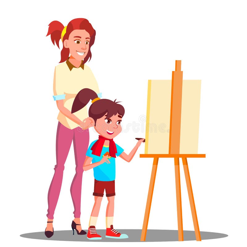 Mother And Daughter Painting On The Easel Vector. Isolated Illustration stock illustration Mother And Daughter Painting On The Easel Vector. Isolated Illustration stock illustration