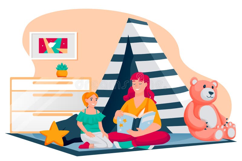 Mother and daughter reading fairytale book. Mom and girl sitting in room and learning. Vector characters illustration vector illustration