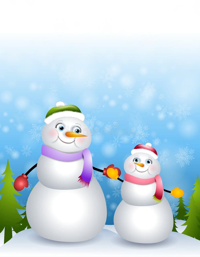 A clip art illustration featuring a mother and daughter snowman theme - holding hands in the snow and looking at each other with love and caring. A clip art illustration featuring a mother and daughter snowman theme - holding hands in the snow and looking at each other with love and caring