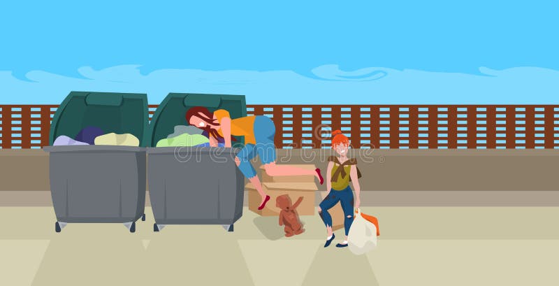Mother and daughter tramps searching food and clothes in trash can on street beggars family homeless concept horizontal vector illustration Mother and daughter tramps searching food and clothes in trash can on street beggars family homeless concept horizontal vector illustration