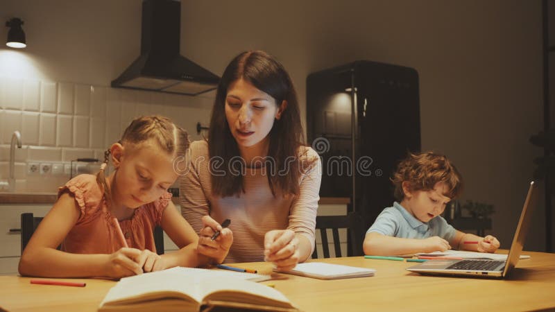 Family Homework Study Time in Kitchen