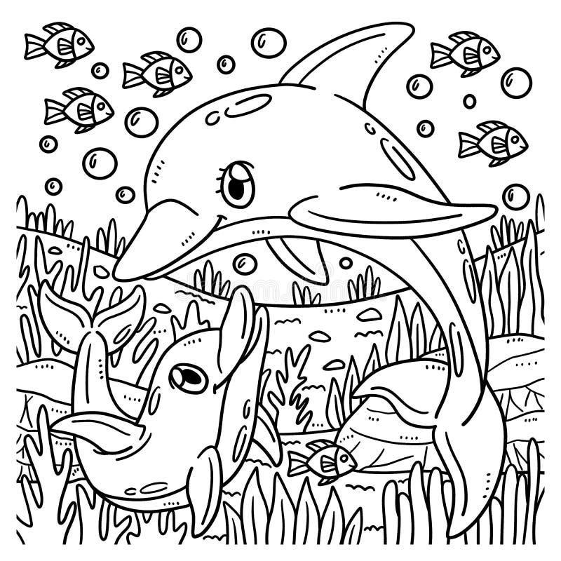 Mother Dolphin and Baby Dolphin Coloring Page Stock Vector ...