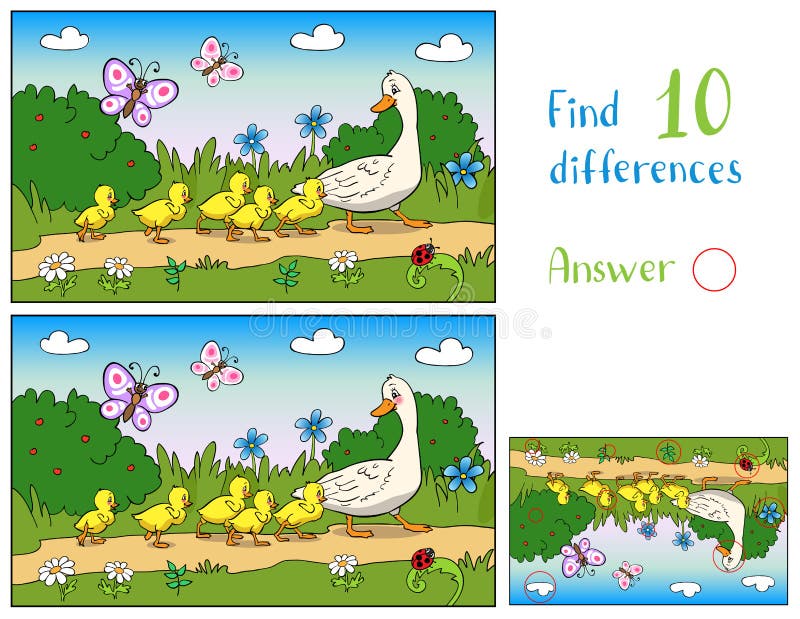 Mother duck and ducklings in a meadow with butterflies. Find 10 differences. Educational game for children