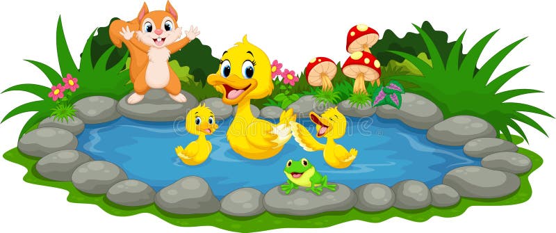 Vector illustration of mother duck and little ducklings swimming in the pond