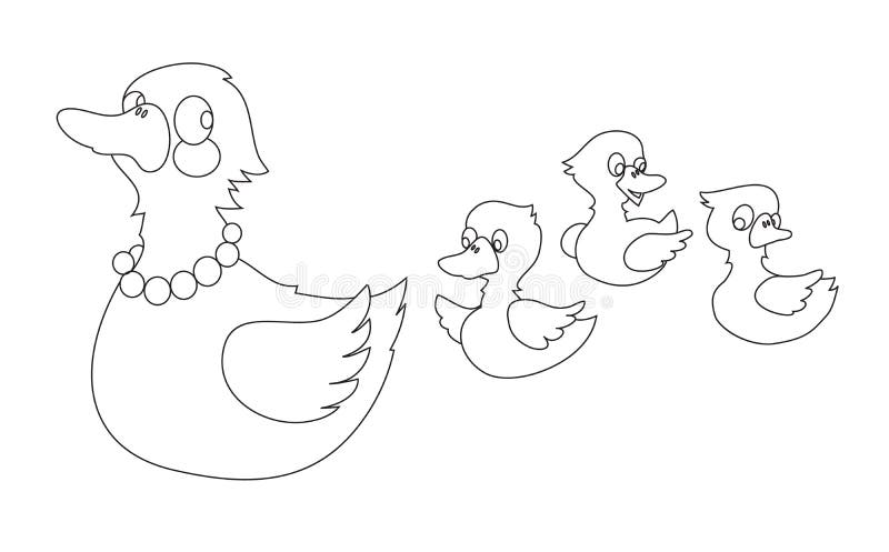 Mother duck with three baby ducks. Can be used for coloring book. Vector illustration.