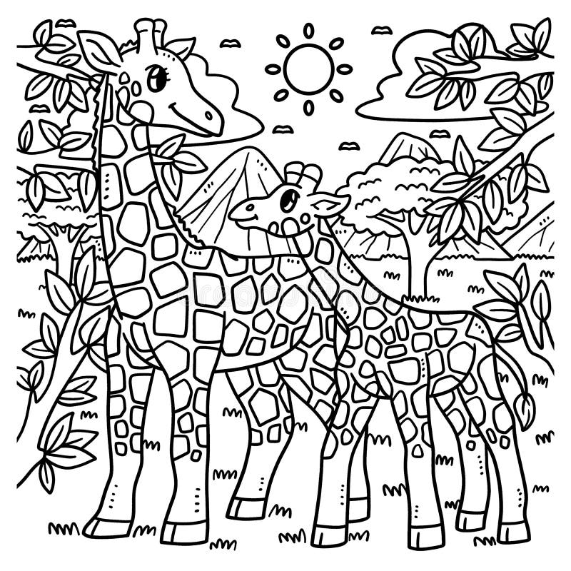 Mother Giraffe and Baby Giraffe Coloring Page Stock Vector