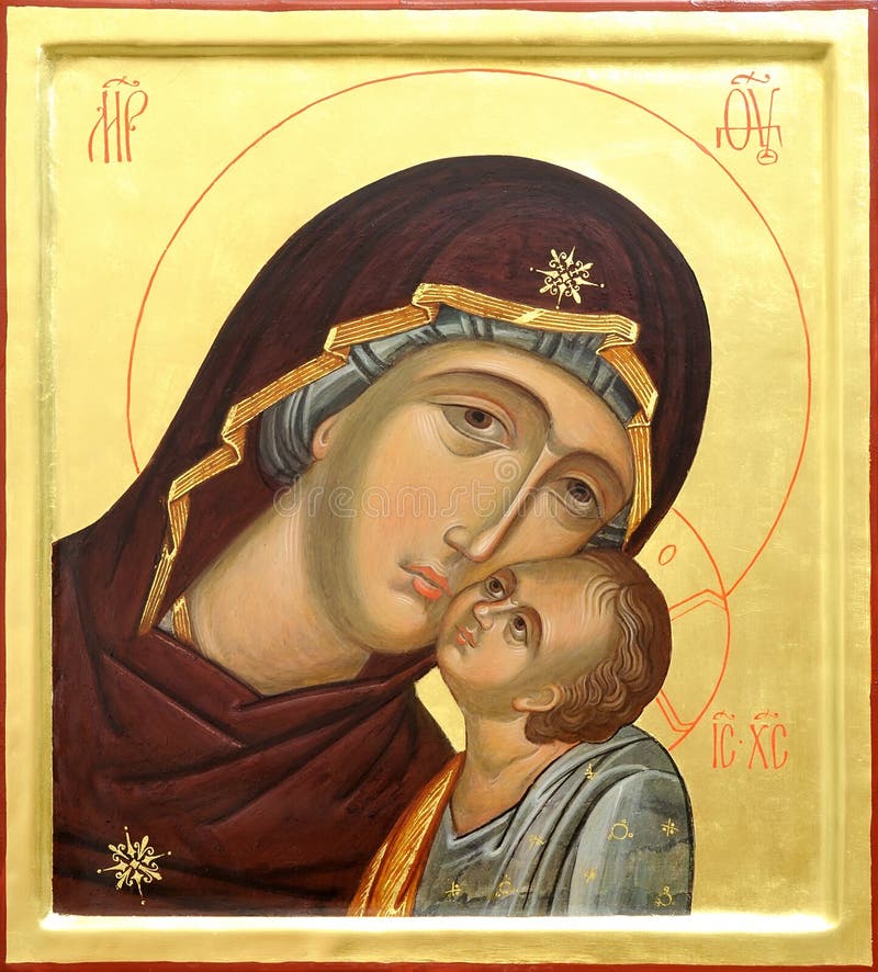 Mother of God Jesus Christ. The Icon a Mother of God (Mary) and child (Jesus Christ) on gilding wood stock photos