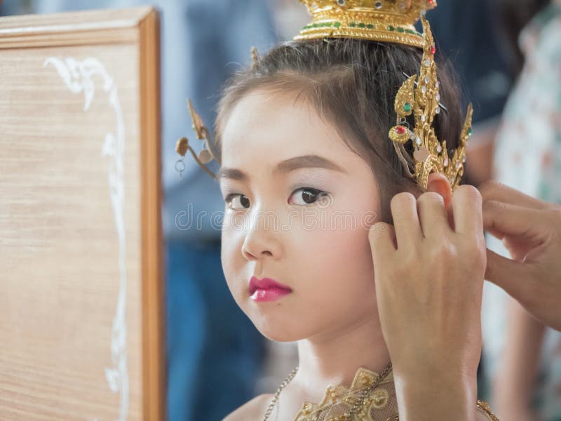 Mother Help Her Daughter To Dressed Up Her Thai Traditional Stock Photo ...