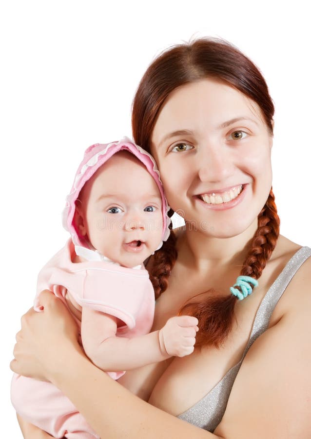 Happy Mom And Child Girl Hugging Isolate On White Background Beautiful