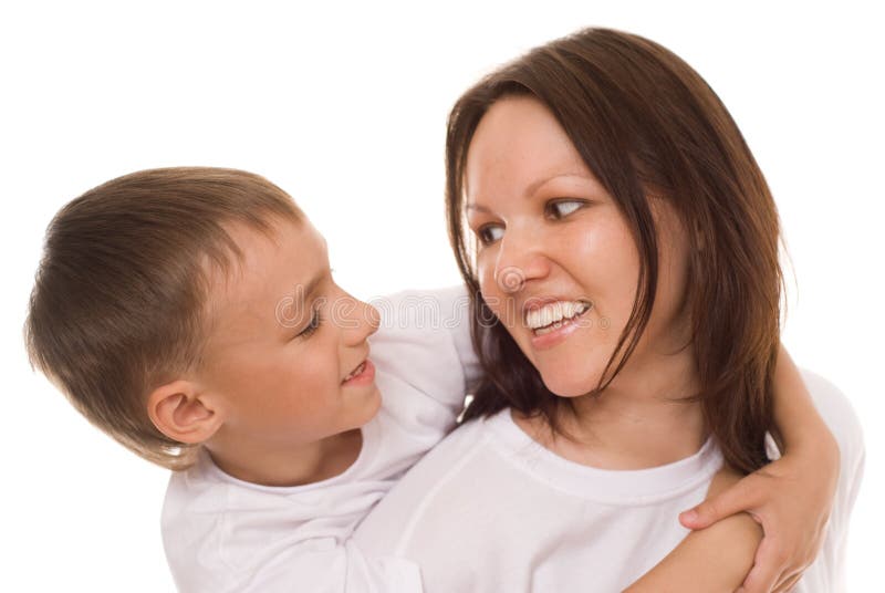 Mother with her child on a white