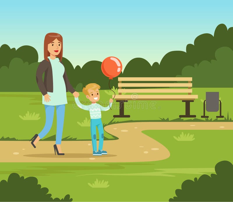 Mother and her son walking in summer park outside, family leisure vector il...