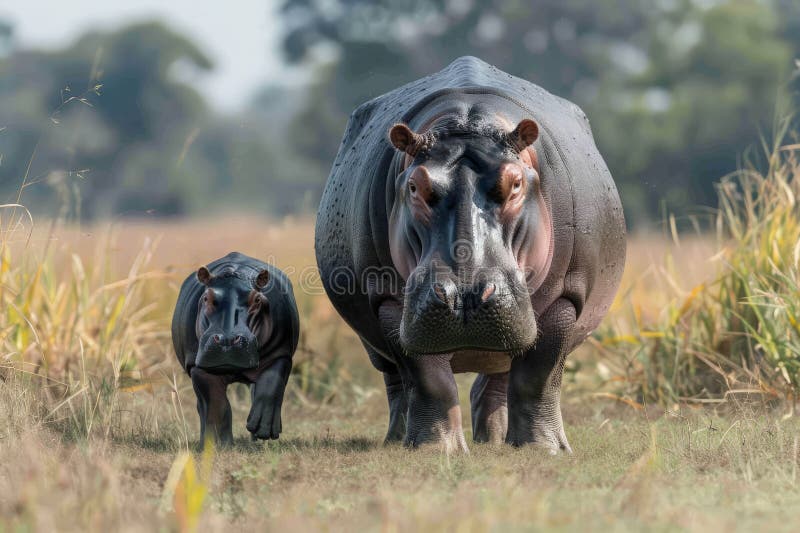 A Mother Hippopotamus Leads Her Calf through the African Savanna Stock