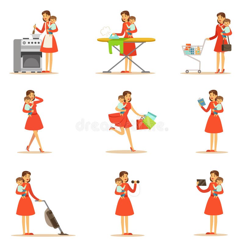 Mother Holding Baby In Arms Doing Different Activities Series Of Illustrations With Supermom And Her Duties vector illustration Mother Holding Baby In Arms Doing Different Activities Series Of Illustrations With Supermom And Her Duties vector illustration