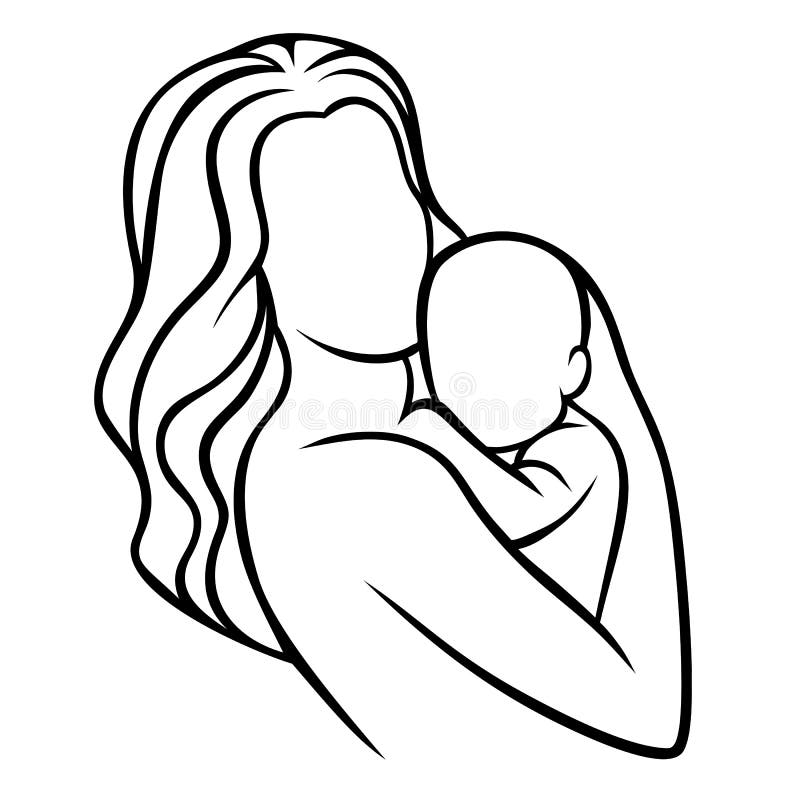 Mother holding baby, illustration of happy motherhood, childbirth. Black outline, simple lines, logo.