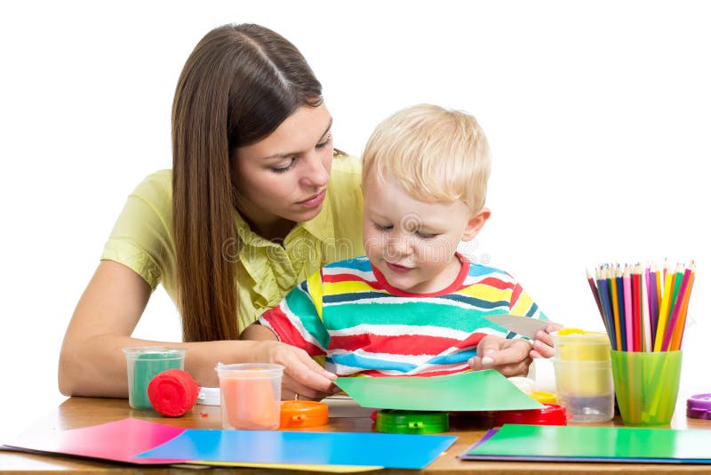 Mother and Kid Boy Play Together Stock Photo Image of learning, paper