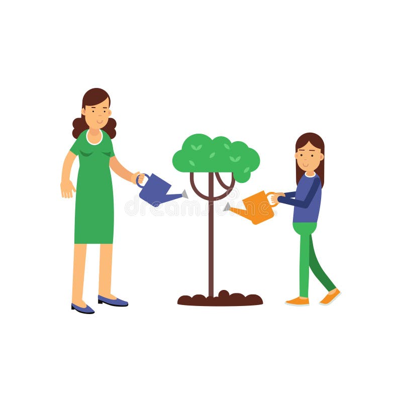 Mother and Kid Girl Cartoon Characters Growing and Watering Tree ...