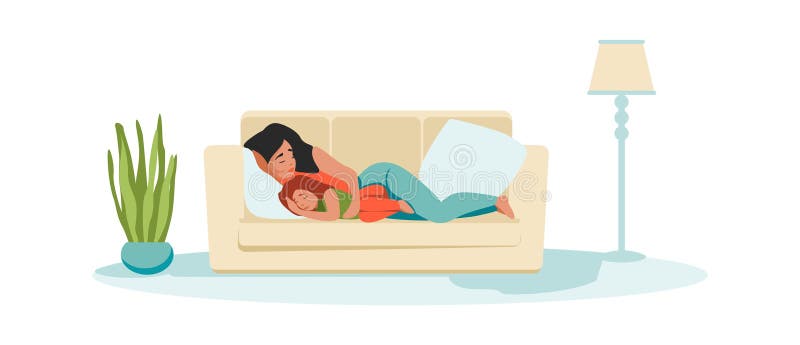 Mother and kid sleeping. Cartoon daughter and mom embracing snoozing on couch. Daytime sleep of girl with parent. People hugging royalty free illustration